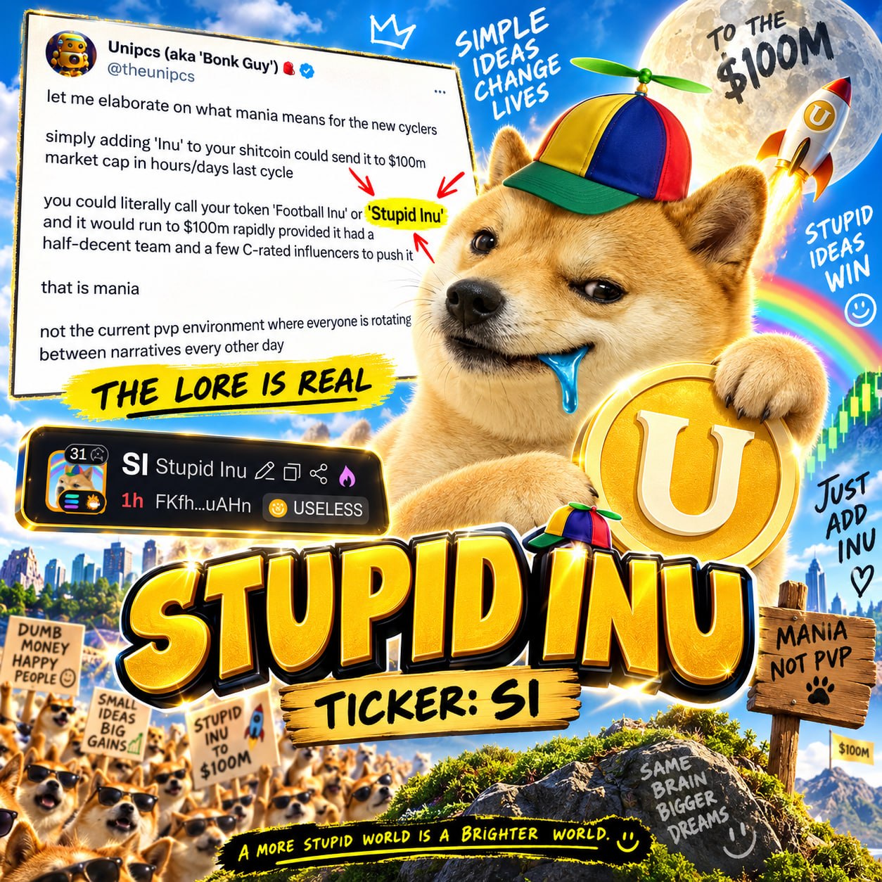 Stupid Inu community artwork: a Shiba Inu in a colorful propeller hat, bright blue sky, gold lettering and meme lore